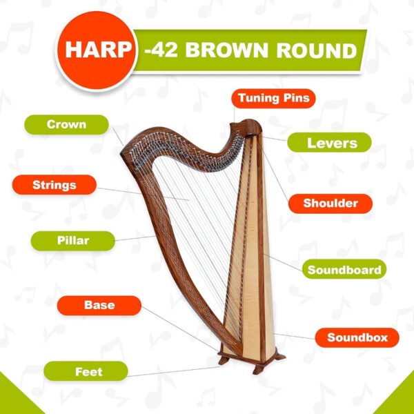 42 Strings Round Brown Irish Lever Harp with Extra Strings and Tuner - Image 2