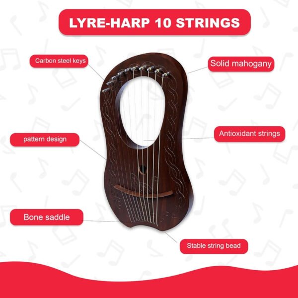 10 Strings Lyre Harp Brown Chain Design with Tuner, Strings for Beginners - Image 4