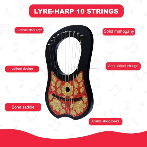 10 Strings Lyre Black Harp, Mahogany Wood, Red & Gold Flower Engraved for Beginners with Tuner and Extra Strings - Image 3