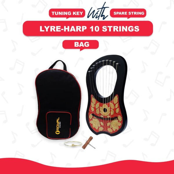 10 Strings Lyre Black Harp, Mahogany Wood, Red & Gold Flower Engraved for Beginners with Tuner and Extra Strings - Image 2
