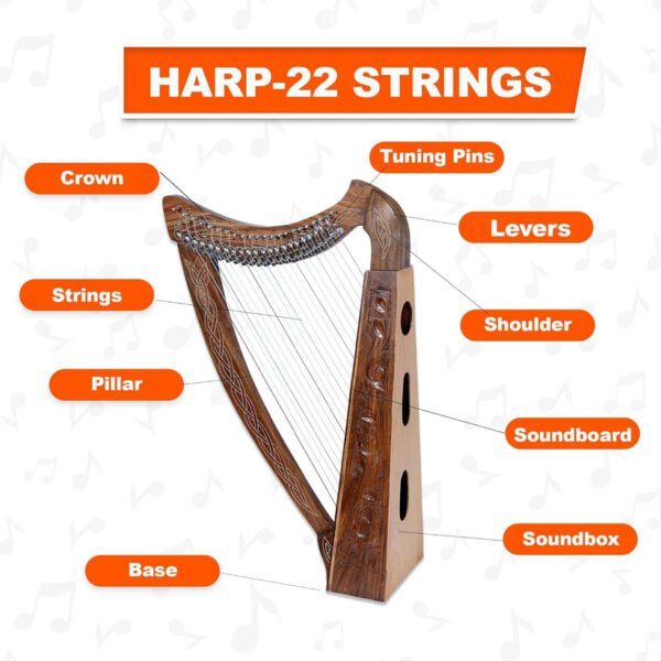 22 Strings Celtic Style Brown Lever Harp with Bag, Tuning Key and Strings - Image 3