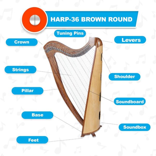 36 Strings Round Brown Lever Harp with Bag, Tuning Key and Strings - Image 4