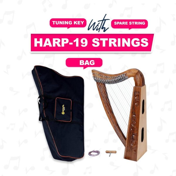 19 Strings Celtic Style Brown Lever Harp with Bag, Tuning Key and Strings - Image 3
