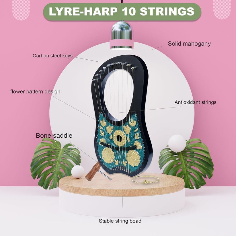 10 Strings Lyre Harp Dark Turquoise Gold Flowers Engraving with Tuner and Extra Strings Celtic Style - Image 2
