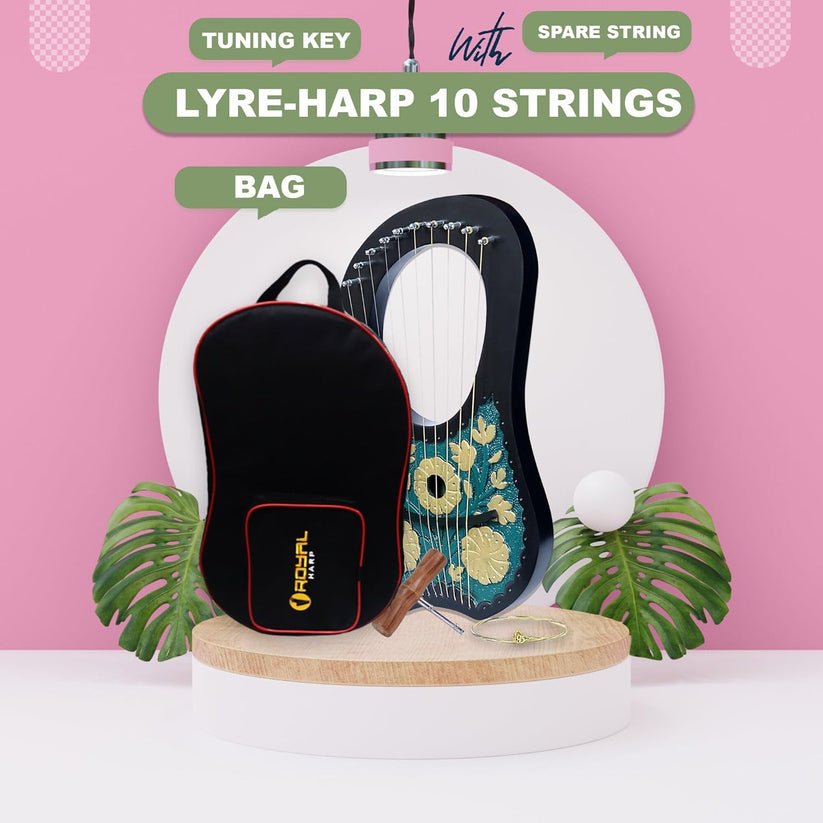10 Strings Lyre Harp Dark Turquoise Gold Flowers Engraving with Tuner and Extra Strings Celtic Style - Image 3