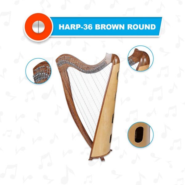 36 Strings Round Brown Lever Harp with Bag, Tuning Key and Strings - Image 2