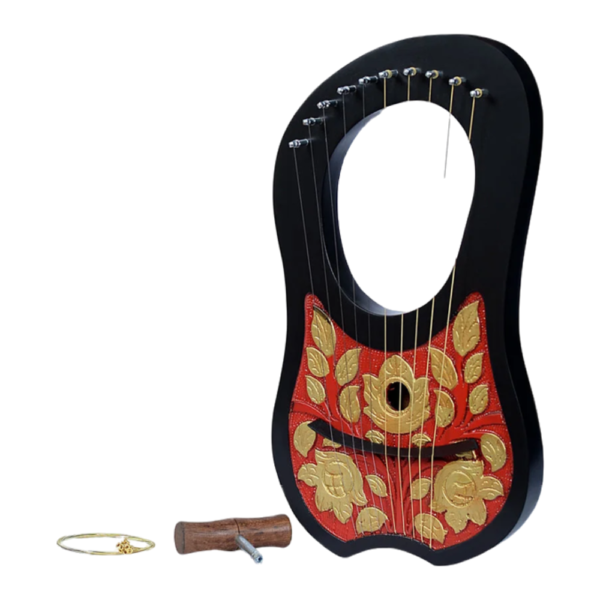 10 Strings Lyre Black Harp, Mahogany Wood, Red & Gold Flower Engraved for Beginners with Tuner and Extra Strings