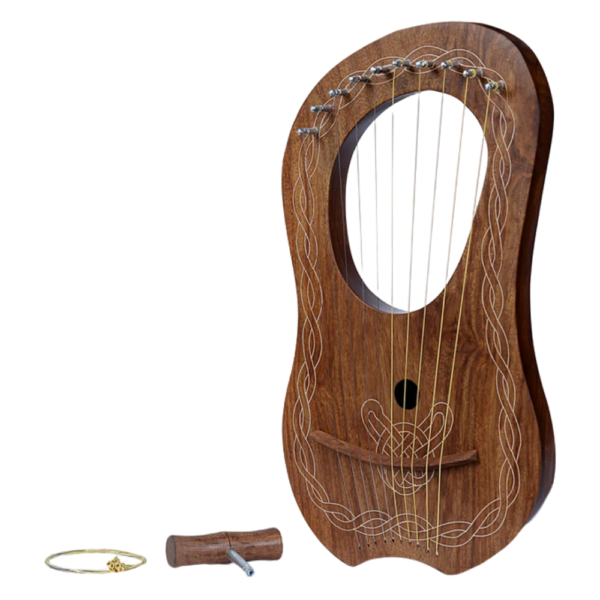 10 Strings Lyre Harp Mahogany Body Brown White Chain Design for Beginner with Extra Strings and Tuner