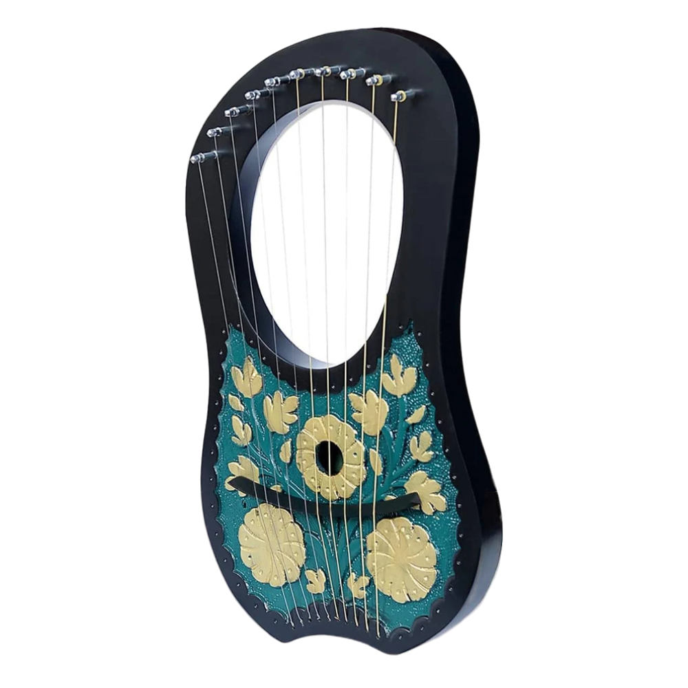 10 Strings Lyre Harp Dark Turquoise Gold Flowers Engraving with Tuner and Extra Strings Celtic Style